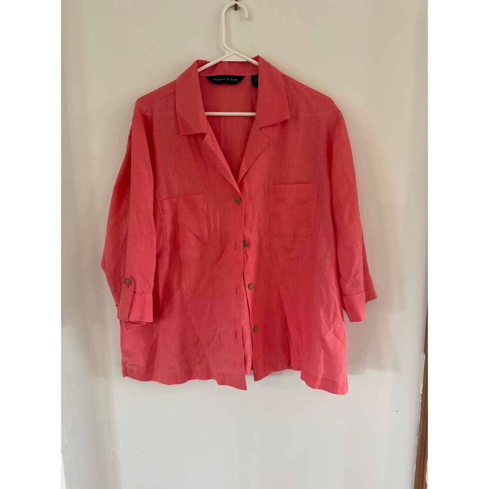 Preston & York 100% Linen 3/4 Sleeve Button Down Shirt coastal breathable 18